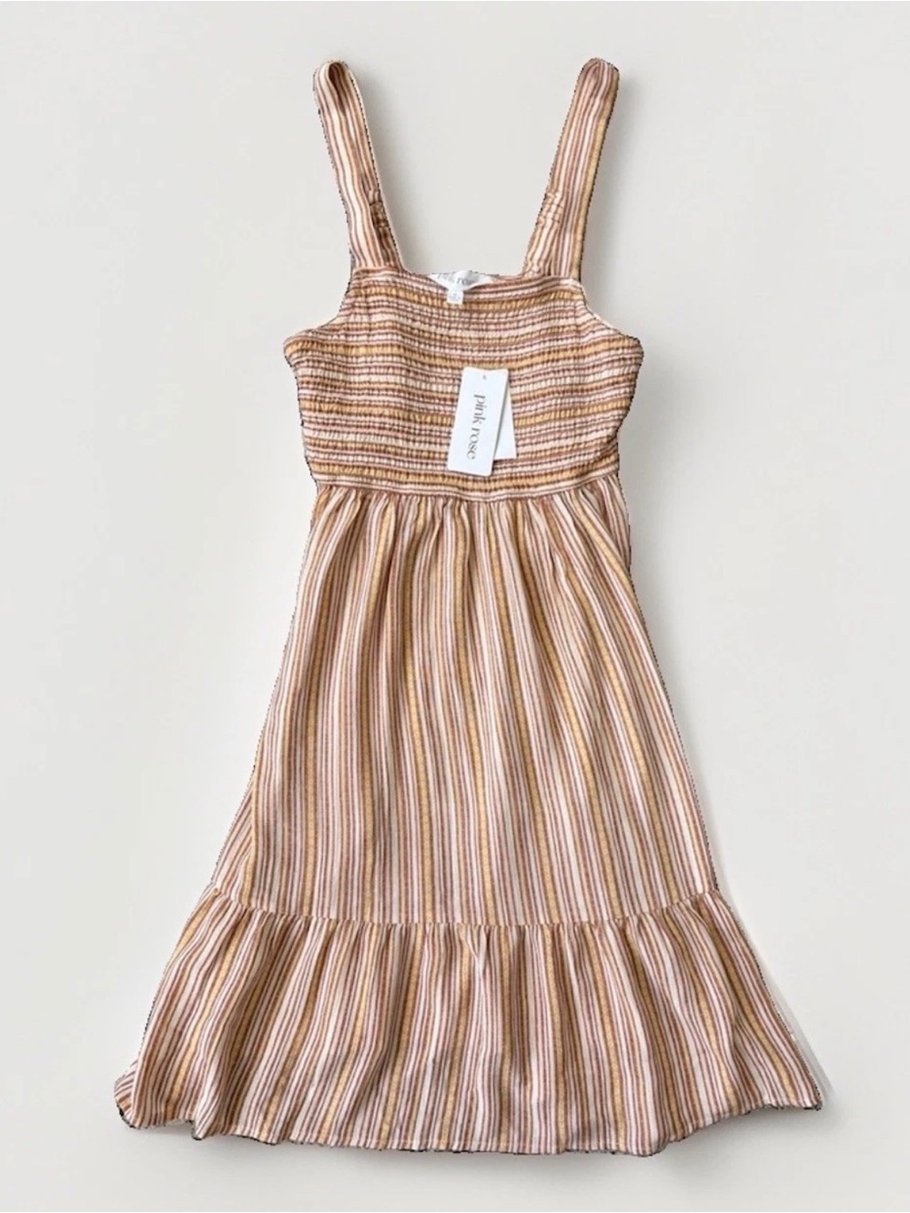 NWT Pink Rose Striped Smocked Sundress - Rust Yellow Cream Midi Dress Medium